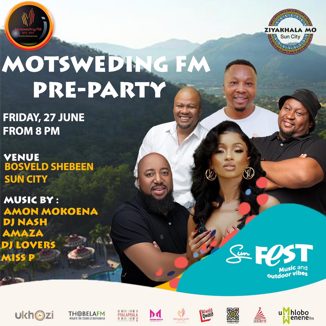 SABC+ (@sabcplus) on Twitter photo 🔥 Who says the party starts Saturday?
If you are in the <a href="/SunCityResortSA/">Sun City Resort</a> from Friday, the vibes begin early at the official Ziyakhala Mo Pre-Party hosted by <a href="/motswedingfm/">#KonkaBokamoso</a>!
📍 Bosveld Shebeen
🗓️ 27 June | 🕗 From 8 PM
Amon Mokoena, DJ Nash, Amaza, Miss P & more!
Don’t 🔥 Who says the party starts Saturday?
If you are in the <a href="/SunCityResortSA/">Sun City Resort</a> from Friday, the vibes begin early at the official Ziyakhala Mo Pre-Party hosted by <a href="/motswedingfm/">#KonkaBokamoso</a>!
📍 Bosveld Shebeen
🗓️ 27 June | 🕗 From 8 PM
Amon Mokoena, DJ Nash, Amaza, Miss P & more!
Don’t