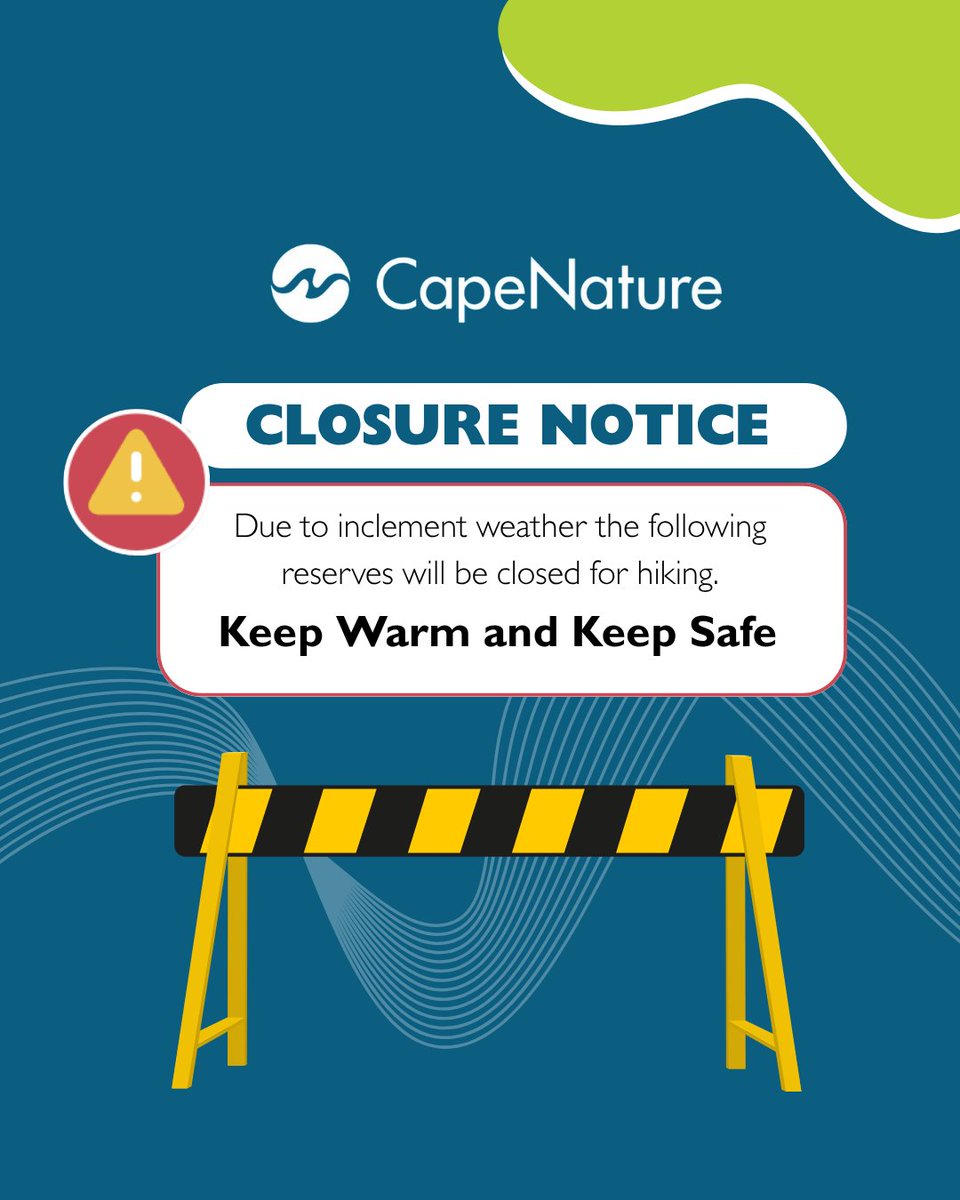 CapeNature1's tweet photo. 🚨 Hiking Trail Closure Alert 🚨
🌧️ 6–9 June 2025: Hottentots Holland Nature Reserve
🌧️ 7–9 June 2025: Limietberg, Jonkershoek, Assegaaibosch, Geelkrans, and Kogelberg Nature Reserves
#TrailClosure #ClosureAlert #HikingAlert #CapeNature #SafetyFirst #Keepwarm #Keepsafe https://t.co/pQpE3u9lFT