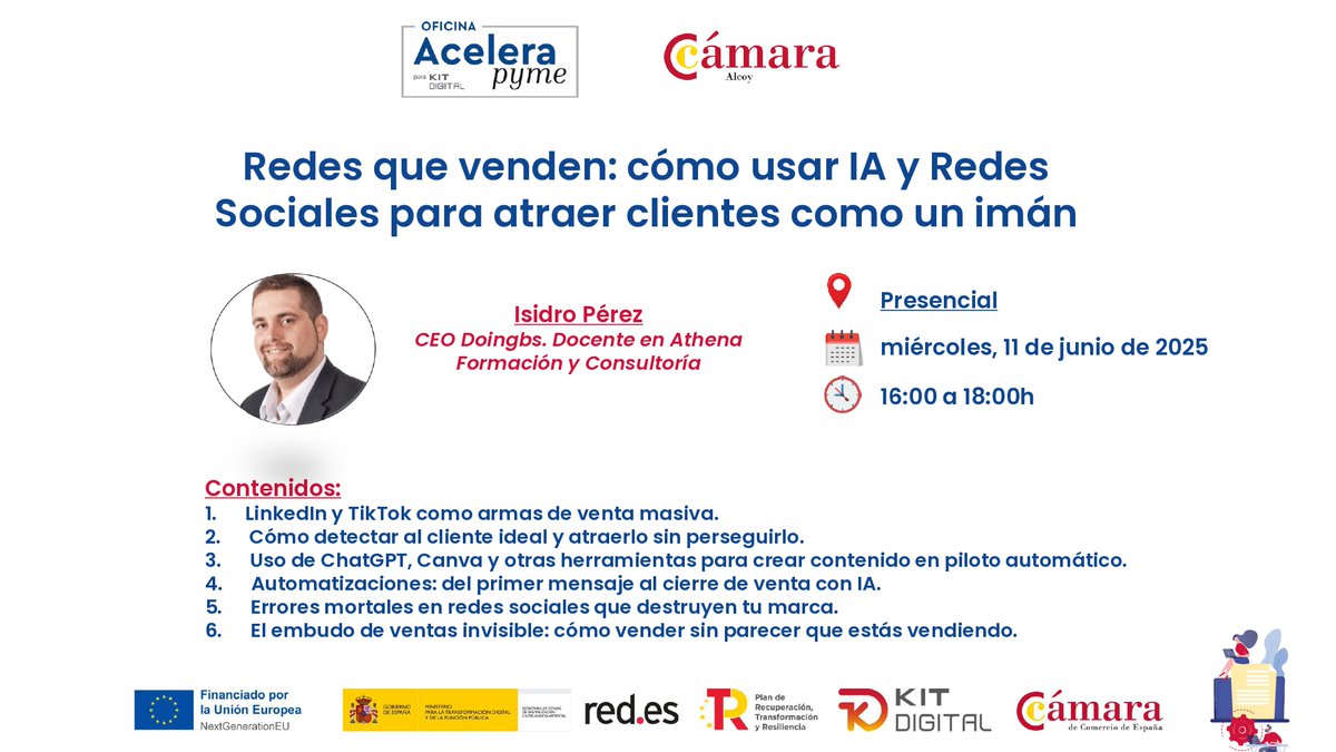 Cámara Comercio Alcoy (@camaraalcoy) on Twitter photo 📣 Aprende a usar la IA y las RRSS para atraer clientes sin perseguirlos.
🧠 Con <a href="/isidroperez/">isidroperez</a>, en colaboración con Athena Formación.
📍 Cámara de Comercio de Alcoy
📅 11 de junio · 16:00 h
🎟️ Inscripción: forms.office.com/e/LTbRKyxGCn
#CámaraAlcoy #IA #MarketingDigital #RedesSociales 📣 Aprende a usar la IA y las RRSS para atraer clientes sin perseguirlos.
🧠 Con <a href="/isidroperez/">isidroperez</a>, en colaboración con Athena Formación.
📍 Cámara de Comercio de Alcoy
📅 11 de junio · 16:00 h
🎟️ Inscripción: forms.office.com/e/LTbRKyxGCn
#CámaraAlcoy #IA #MarketingDigital #RedesSociales