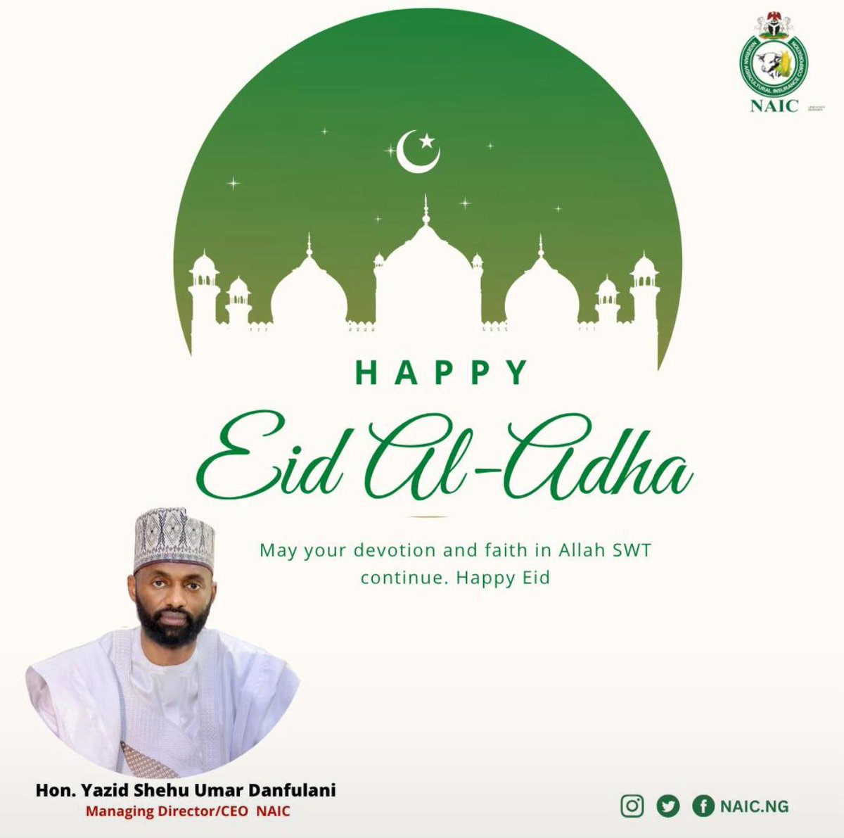 On behalf of myself and the entire staff of NAIC, we extend our heartfelt wishes to the Muslim Ummah nationwide. 

May this blessed occasion bring peace, joy, and unity to all, Amin.

#EidAlAdhaMubarak!