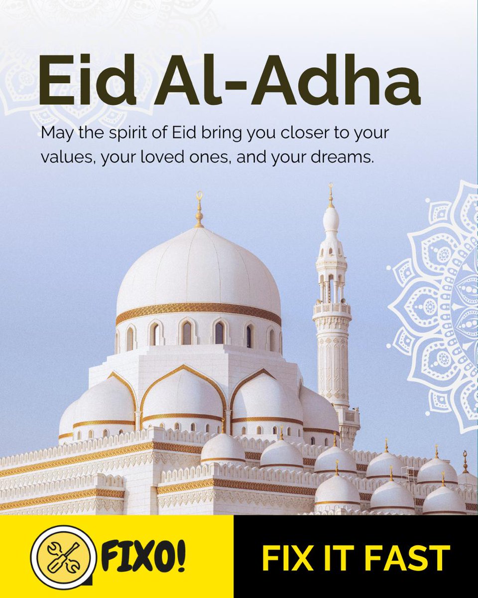 FixoSolutions's tweet image. 🌙✨ Eid Mubarak from Fixo Solutions! ✨🌙

We celebrate the spirit of sacrifice, gratitude, and togetherness this Eid Al Adha, we wish you and your loved one&apos;s peace, joy, and countless blessings.

#EidMubarak #EidAlAdha2025 #FixoSolutions #HereToFixIt #CommunityStron