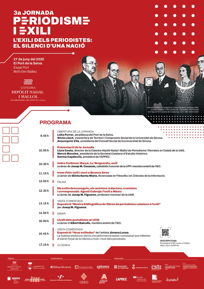 costalluis's tweet image. El 27 de juny es celebrarà al Port de la Selva la III Jornada de Periodisme i Exili organitzada per @CatedraHNadal. La inscripció a la Jornada és gratuïta i cal fer-la a través de l’enllaç: forms.gle/3o4QpWhCXXA2Ch…. T Adjuntem programa @revistesAPPEC @univgirona  @portdelaselva