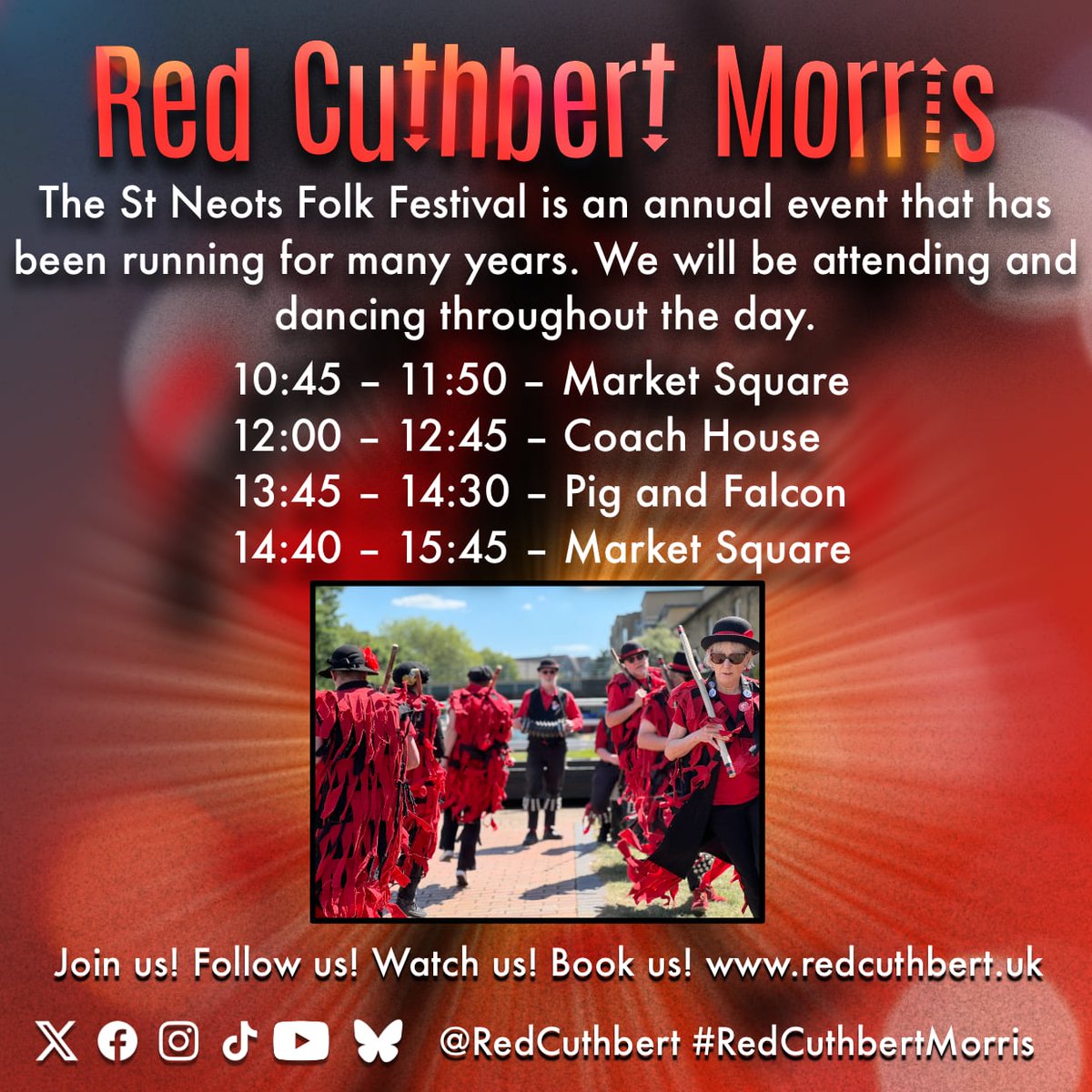 The St Neots Folk Festival is an annual event that has been running for many years. We will be attending and dancing throughout the day.
10:45 – 11:50 – Market Square
12:00 – 12:45 – Coach House
13:45 – 14:30 – Pig and Falcon
14:40 – 15:45 – Market Square