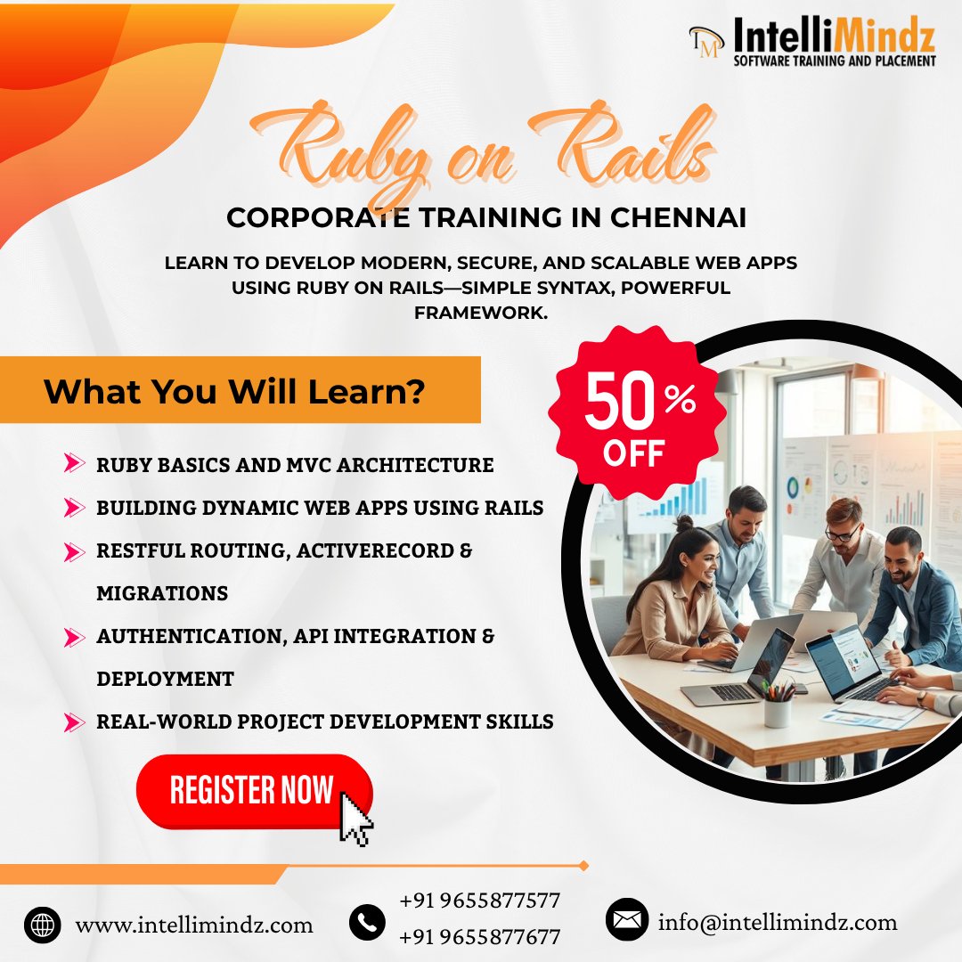 nabee_kook's tweet image. Accelerate your team’s web development skills with Ruby on Rails Corporate Training in Chennai at IntelliMindz! Build powerful, scalable web apps with ease. Enroll now!
#RubyOnRailsTraining #CorporateTraining #ChennaiTech #WebDevelopment #RoR #FullStackDevelopment #TechCareers