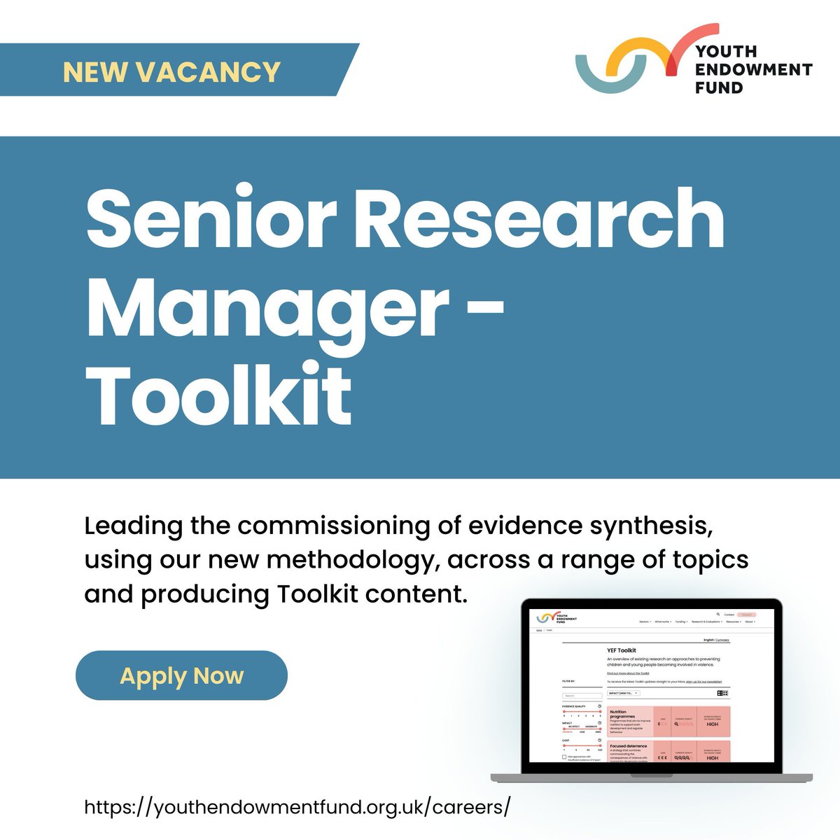 We're hiring a Senior Research Manager to join our Toolkit team! 

If you're passionate about using research to drive real change, this could be your next role. You'll be instrumental in spreading knowledge about what works to prevent young people becoming involved in violence