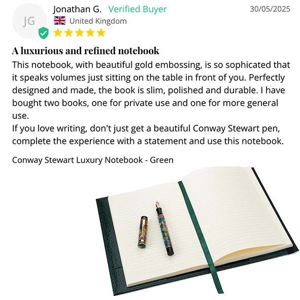 Conway__Stewart's tweet image. Made in England, the Conway Stewart Luxury Notebook in Green offers Montana leather and A5 vellum paper for jotting down life’s moments. Jonathan G. shares, “It speaks volumes—a perfect match for a Conway Stewart pen.”