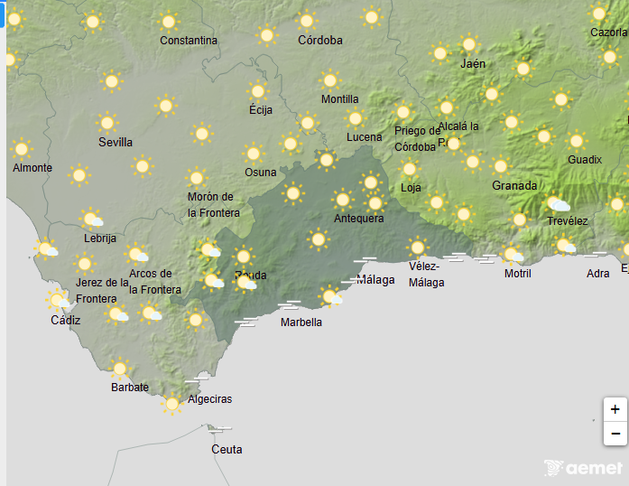 🌞La predicción de la <a href="/AEMET_Esp/">AEMET</a> hoy #7junio en #Málaga 👇 

☁️ Cielos poco nubosos , con intervalos de nubes medias y altas. Brumas y bancos de nieblas en el litoral. Polvo en suspensión
🌡️ Temperaturas: Máx.35º- Mín.19
🌬️ Vientos flojos variables.