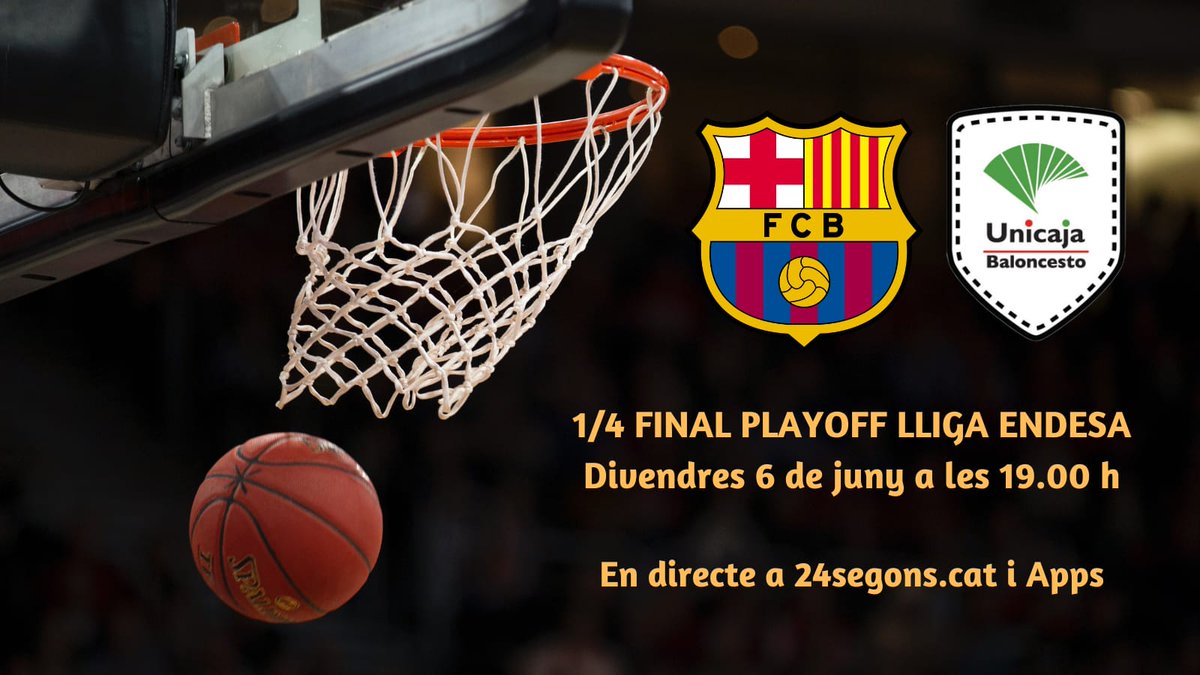 24segons.cat (@24segonscat) on Twitter photo Tarda de transmi al Palau 🔵🔴
🏀 Segon duel play-off 1/4 <a href="/ACBCOM/">Liga Endesa</a>
⚔️ <a href="/FCBbasket/">Barça Basket</a> 🆚 <a href="/unicajaCB/">UnicajaCB</a> amb 0-1 pel Barça
🕠 Matx 19h, prèvia 18.30h
🎙️ Narració <a href="/termens87/">Roger Mateu i Termens</a> comentaris <a href="/ArturGrau/">Artur Grau</a> i Miquel Riera
📻 Apps/web: 24segons.cat
1a Cita: 1/4 play-off Unicaja 94-95' Tarda de transmi al Palau 🔵🔴
🏀 Segon duel play-off 1/4 <a href="/ACBCOM/">Liga Endesa</a>
⚔️ <a href="/FCBbasket/">Barça Basket</a> 🆚 <a href="/unicajaCB/">UnicajaCB</a> amb 0-1 pel Barça
🕠 Matx 19h, prèvia 18.30h
🎙️ Narració <a href="/termens87/">Roger Mateu i Termens</a> comentaris <a href="/ArturGrau/">Artur Grau</a> i Miquel Riera
📻 Apps/web: 24segons.cat
1a Cita: 1/4 play-off Unicaja 94-95'