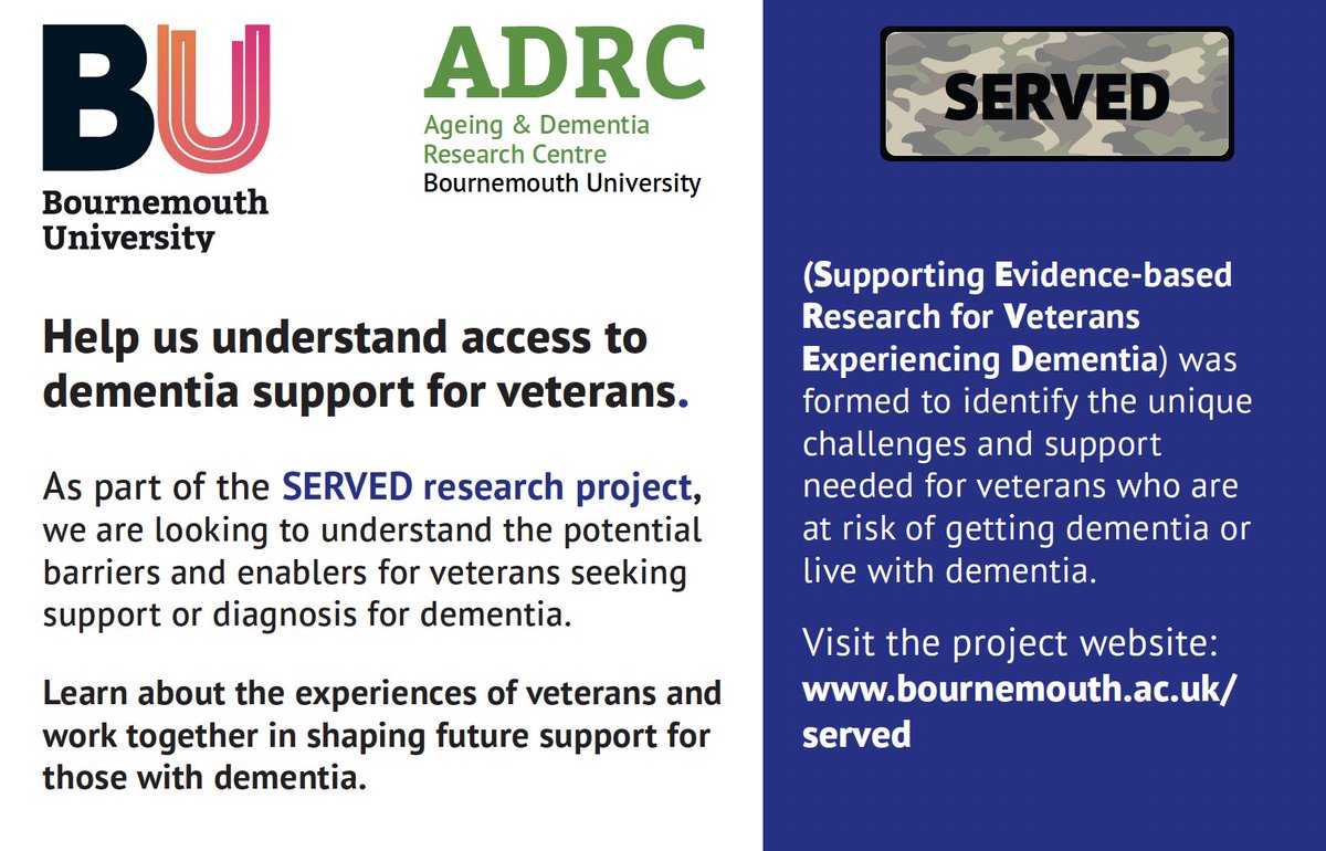 Have you, or a veteran you know, ever worried about memory or brain health? 

We’re inviting all veterans to take part in a short survey. Your insights can help shape future support and ensure veterans get appropriate help when they need it.
bournemouth.ac.uk/served-survey