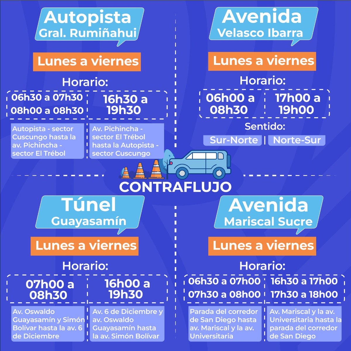 📢 AMTInforma | ¡Atentos al dato!

🚗 Estos son los horarios y tramos donde aplican los contraflujos en la ciudad.

👮‍♀️ Conduce con responsabilidad, sigue las señales y haz que tu viaje sea seguro.

🤝 Con tu colaboración, el tránsito fluye mejor para todos.

☀️ #QuitoRenace