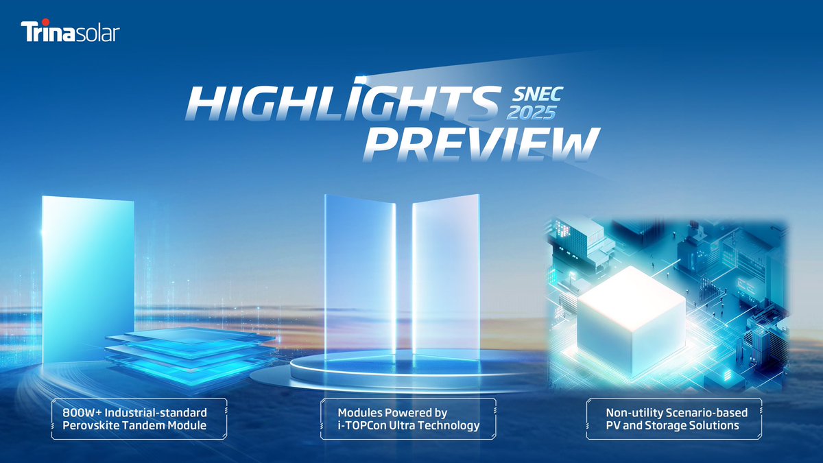 TrinaSolarUS's tweet photo. 📅SNEC 2025 | 5 Days to Go! Explore 800W+ Module Breakthroughs and All-Scenario-Based Solar Innovations!

📲 Reserve your visit now and unlock exclusive giveaways 👉 https://t.co/89gXDM4PnI

#Trinasolar #SNEC2025 #SmartSolar #SolarForAll #NetZeroFuture https://t.co/MAspE6uWCv
