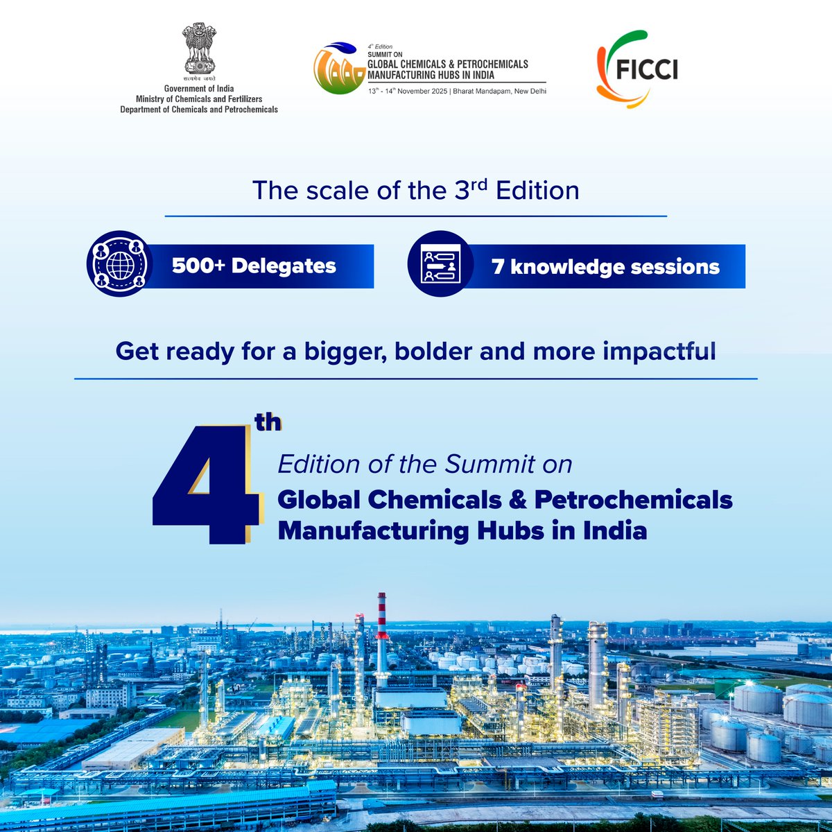After a successful 3rd Edition, we’re gearing up for the 4th Edition of GCPMH—bringing together policymakers, industry leaders &amp; global stakeholders to advance India’s chemicals &amp; petrochemicals sector. 

13–14 Nov | Bharat Mandapam

Register now: bit.ly/3TfYHOk 
#GCPMH