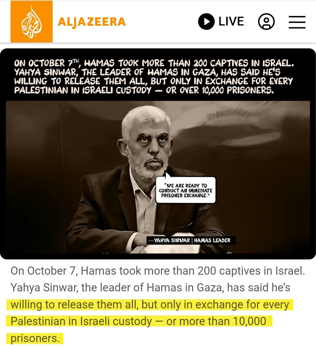 doctor_rahmeh's tweet photo. Never ever forget that on 9 Oct 2023, Hamas offered to release ALL 'israeli' captives (~200) in exchange for all or at least 10,000 Palestinian hostages, and offered to release all non-active-duty 'israelis' if the IOF didn't invade Gaza. 'israel' refused both and chose genocide. https://t.co/4U7fRZ4gqK