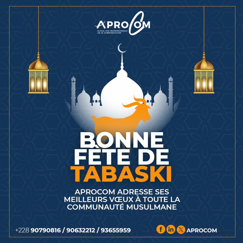 AProCom vous adresse ses meilleurs vœux de paix, de bonheur et de prospérité. 

Que cette célébration soit remplie de joie, de partage et de bénédictions pour vous. 

Bonne fête de Tabaski à toute la communauté musulmane!

#Tabaski #AïdElAdha
#APROCOM #Vœux #Paix