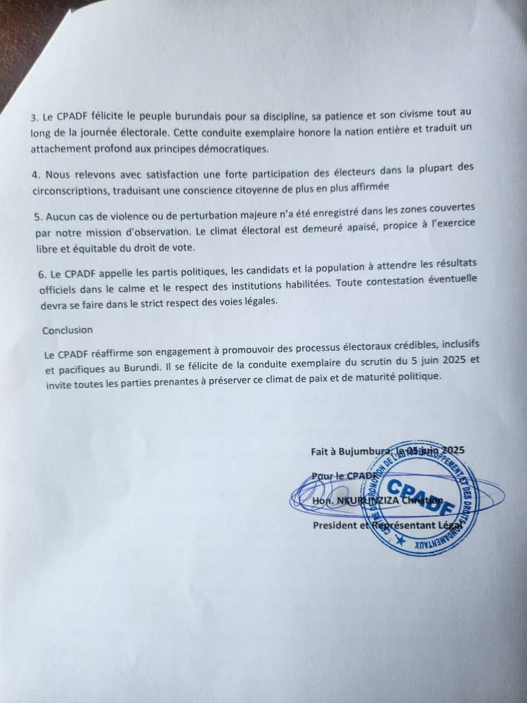 📢 Déclaration officielle de <a href="/CPADFCenter/">Centre CPADF</a> 
Les responsables de l’Association #CPADF saluent le bon déroulement des élections communales et législatives du 5 juin 2025 au 🇧🇮.🗳️Un scrutin exemplaire, marqué par la paix, la transparence et la sérénité sur tout le territoire national