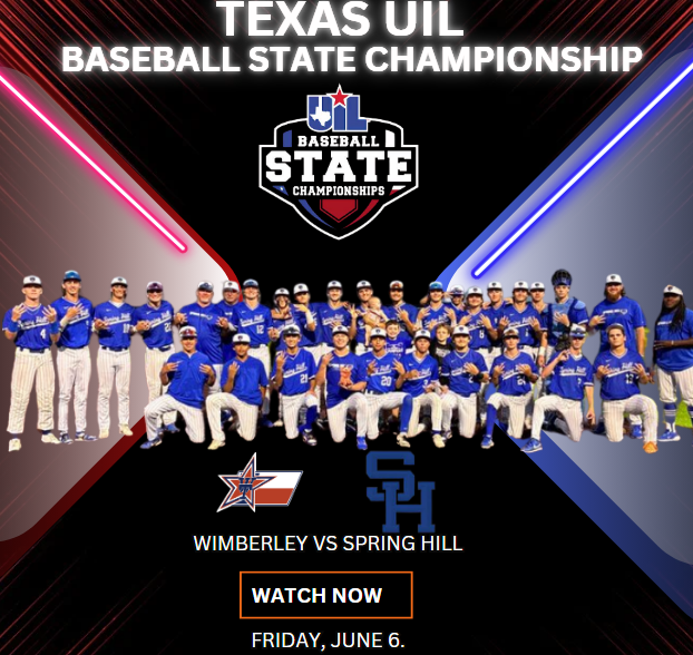Texas UIL SPORTS (@texasuil_sport) on Twitter photo ⚾️🏆 STATE CHAMPIONSHIPS
Wimberley vs Spring Hill
📺 bit.ly/3H1RVco
📅 Friday, June 6.
⏰ 9a.
📍DELL DIAMOND.ROUND ROCK
<a href="/SHBaseball23/">SH Panthers Baseball</a> <a href="/SpringHill_ISD/">Spring Hill</a> <a href="/shpanthernation/">Spring Hill Panthers</a> <a href="/SHpanthersFBall/">Spring Hill Football</a> <a href="/BurtonG38/">Grant Burton</a> <a href="/CoachMethvin/">Garrett Methvin</a> <a href="/Jerm_Wilkins/">Jeremy Wilkins</a> <a href="/Heather41657867/">Heather Barnes</a> <a href="/cayden_rhodes/">Cayden Rhodes | Crhodes1109@gmail.com</a> ⚾️🏆 STATE CHAMPIONSHIPS
Wimberley vs Spring Hill
📺 bit.ly/3H1RVco
📅 Friday, June 6.
⏰ 9a.
📍DELL DIAMOND.ROUND ROCK
<a href="/SHBaseball23/">SH Panthers Baseball</a> <a href="/SpringHill_ISD/">Spring Hill</a> <a href="/shpanthernation/">Spring Hill Panthers</a> <a href="/SHpanthersFBall/">Spring Hill Football</a> <a href="/BurtonG38/">Grant Burton</a> <a href="/CoachMethvin/">Garrett Methvin</a> <a href="/Jerm_Wilkins/">Jeremy Wilkins</a> <a href="/Heather41657867/">Heather Barnes</a> <a href="/cayden_rhodes/">Cayden Rhodes | Crhodes1109@gmail.com</a>