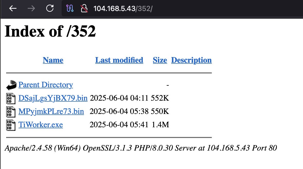 🚨#Opendir #Malware🚨

hxxp://104.168.5.43/352/

⚠️#GuLoader
☣️TiWorker.exe➡️c51964bdb5831207af047d12e10a680a
⤵️Drops and executes hxxp://104.168.5.43/352/MPyjmkPLre73.bin