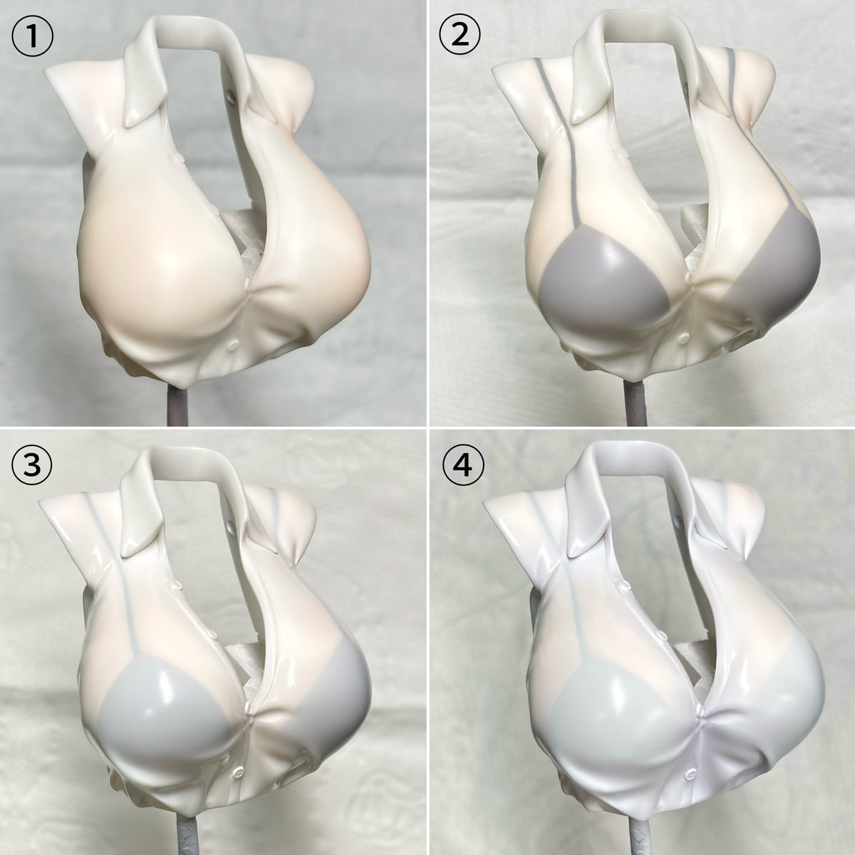 一个步骤图
①在突起的部位薄喷一层肤色
②遮盖出胸罩上半部分的形状并用浅灰色喷涂，用水性漆画出肩带
③整体罩一层白色
④根据需求继续罩色，并加重腋下、衣领、衬衫下缘等部位的颜色并在这些部位喷上阴影