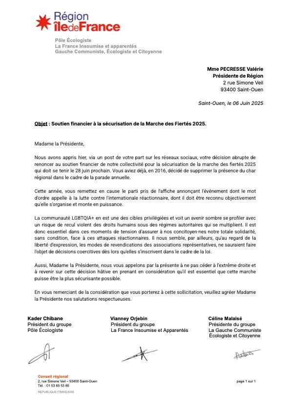 Pôle Écologiste IDF (@poleecolo_idf) on Twitter photo Marche des fiertés 🏳️🌈🏳️⚧️
<a href="/vpecresse/">Valérie Pécresse</a> prend pour prétexte l'affiche <a href="/InterLGBT/">Inter-LGBT</a> pour supprimer la subvention de sécurisation de la parade 2025
La communauté LGBTQIA+, cible de violences, dont celle de l’extrême droite, ne peut être abandonnée par la Région
Notre courrier commun👇 Marche des fiertés 🏳️🌈🏳️⚧️
<a href="/vpecresse/">Valérie Pécresse</a> prend pour prétexte l'affiche <a href="/InterLGBT/">Inter-LGBT</a> pour supprimer la subvention de sécurisation de la parade 2025
La communauté LGBTQIA+, cible de violences, dont celle de l’extrême droite, ne peut être abandonnée par la Région
Notre courrier commun👇