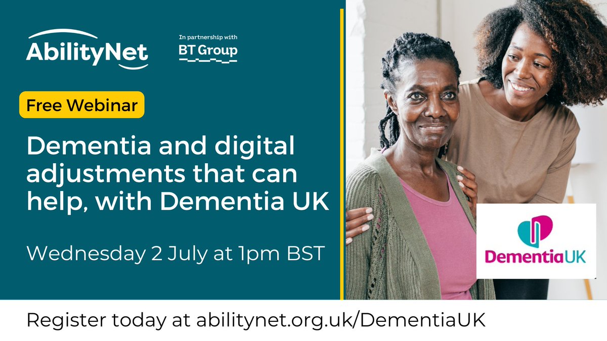 AbilityNet (@abilitynet) on Twitter photo Do you or someone you know live with dementia?
Join AbilityNet's free session #Dementia and digital adjustments that can help on Wednesday 2 July at 1pm BST: abilitynet.org.uk/webinars/free-ā¦
Learn from <a href="/DementiaUK/">Dementia UK</a> and AbilityNet about adaptations to make #Apps and #Digital tools. Do you or someone you know live with dementia?
Join AbilityNet's free session #Dementia and digital adjustments that can help on Wednesday 2 July at 1pm BST: abilitynet.org.uk/webinars/free-ā¦
Learn from <a href="/DementiaUK/">Dementia UK</a> and AbilityNet about adaptations to make #Apps and #Digital tools.