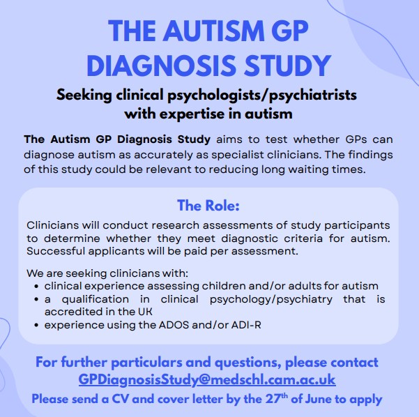 AutismResearchCentre (@arc_cambridge) on Twitter photo Job Opportunity: Research Clinicians
We're hiring UK-qualified clinical psychologists/psychiatrists with experience in autism assessment for a study testing the accuracy of GPs’ autism diagnosis. Paid per assessment.
Apply by 27 June. Contact: GPDiagnosisStudy@medschl.cam.ac.uk Job Opportunity: Research Clinicians
We're hiring UK-qualified clinical psychologists/psychiatrists with experience in autism assessment for a study testing the accuracy of GPs’ autism diagnosis. Paid per assessment.
Apply by 27 June. Contact: GPDiagnosisStudy@medschl.cam.ac.uk