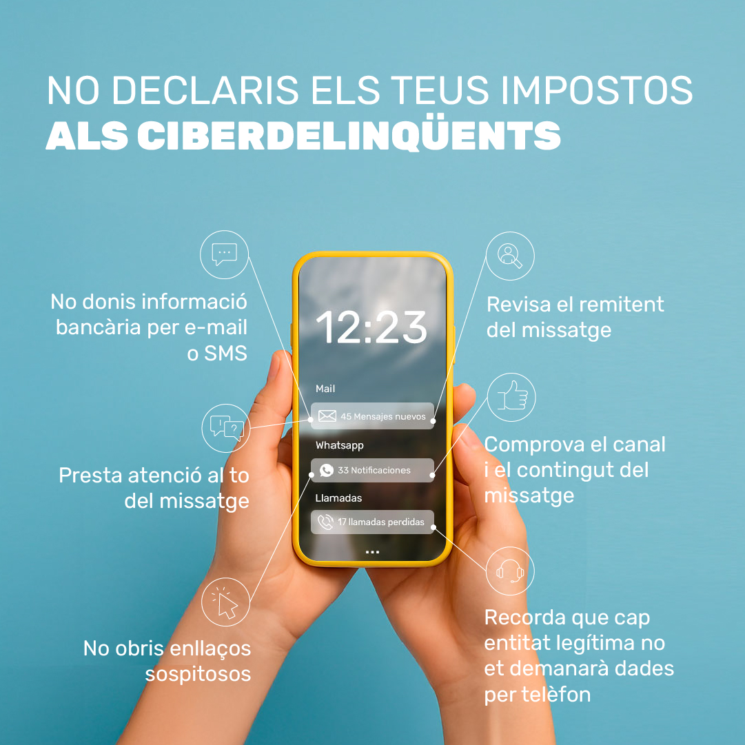A la campanya de la declaració de la renda, els fraus digitals es multipliquen. Estar alerta és clau per protegir les dades.💙 
📲Descobreix els consells per prevenir-los i minimitzar els riscos.ow.ly/skMo50W5nlZ  
#Ciberseguretat #RendaSegura #Phishing #SeguretatDigital