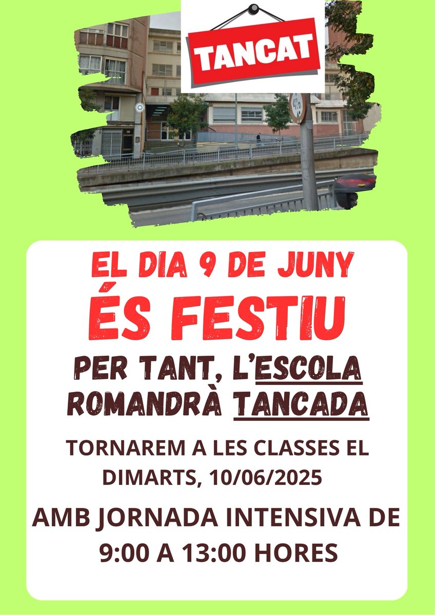 Benvolgudes famílies
Us recordem que el proper dilluns 9 de juny és festiu. Per tant, l'escola romandrà tancada. Tornarem a les classes dimarts, 10 de juny amb HORARI INTENSIU DE 9 a 13 hores. Ja no hi haurà classe a les tardes. L'alumnat de a menjador sortirà a les 14:30 hores.