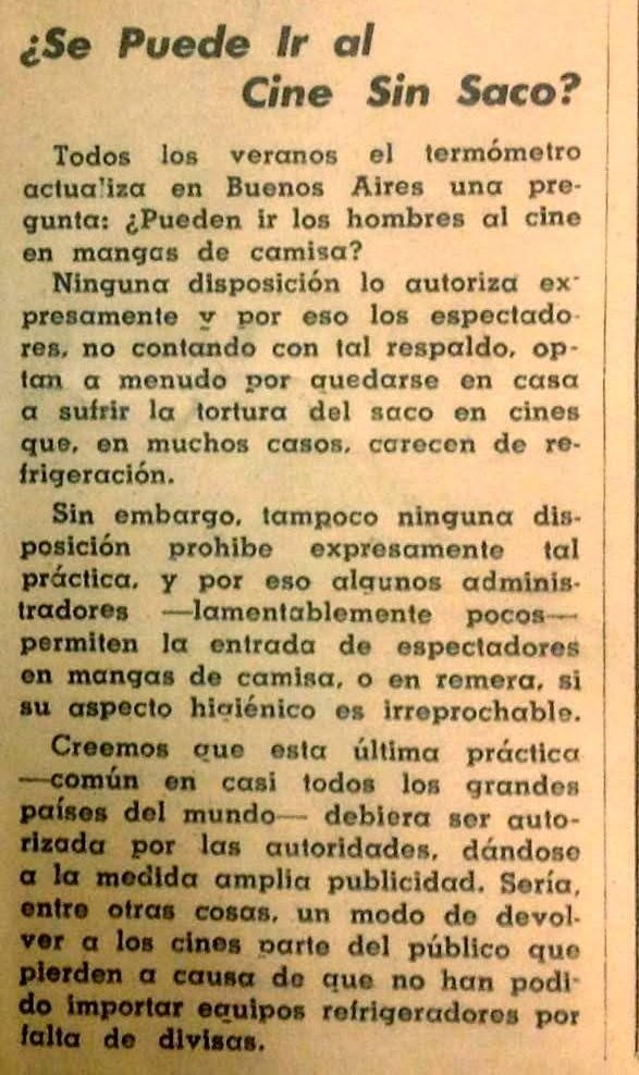 ¿Se puede ir al cine sin saco?
Nota de El Heraldo del Cinematografista, 1955.