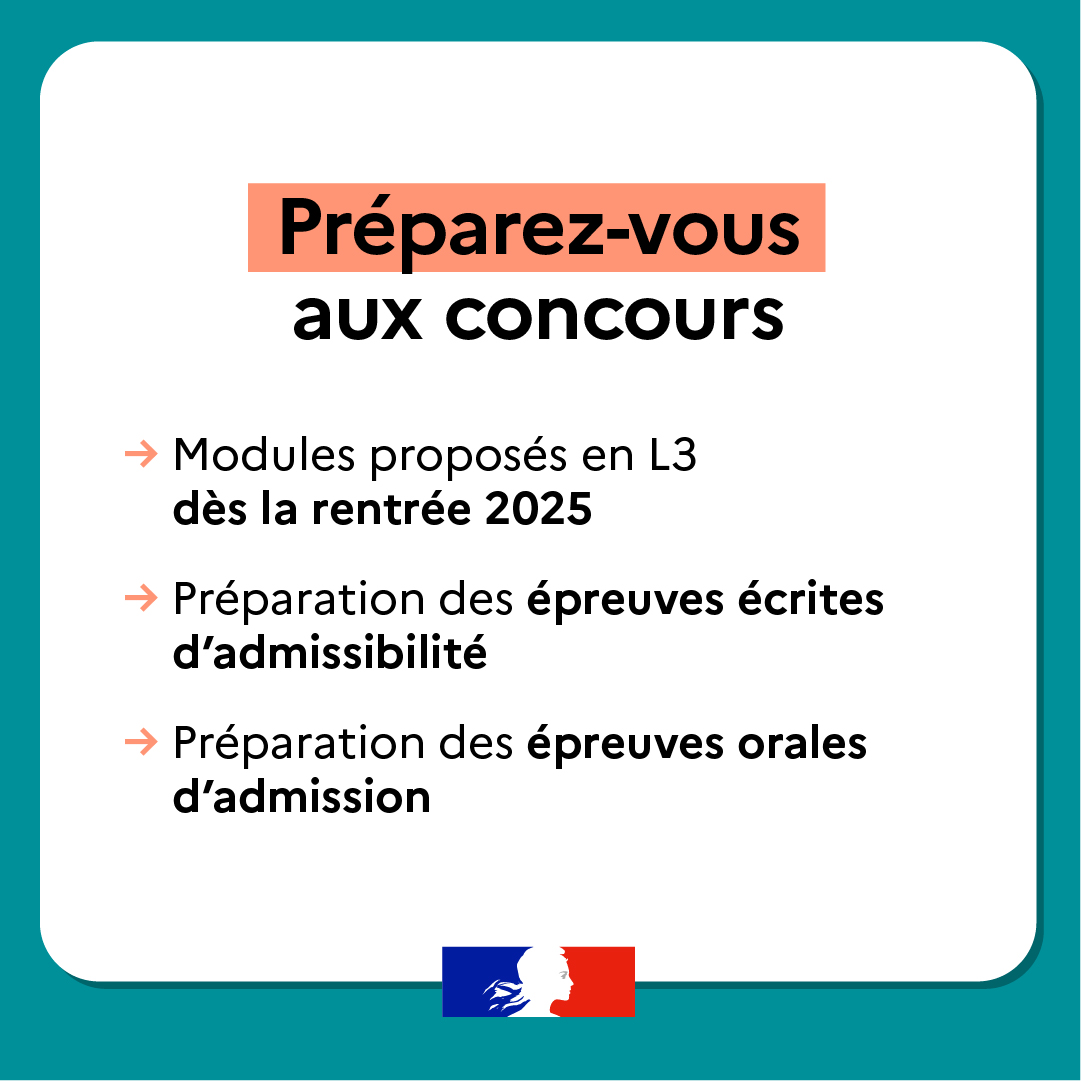 🎓 Étudiants en L3, vous pouvez désormais passer les concours pour devenir prof ou CPE dès bac+3 (CRPE, Capes, etc.) ! Formation pro, master avec tutorat et rémunération à la clé…

👉 Détails sur devenirenseignant.gouv.fr

#DevenirEnseignant