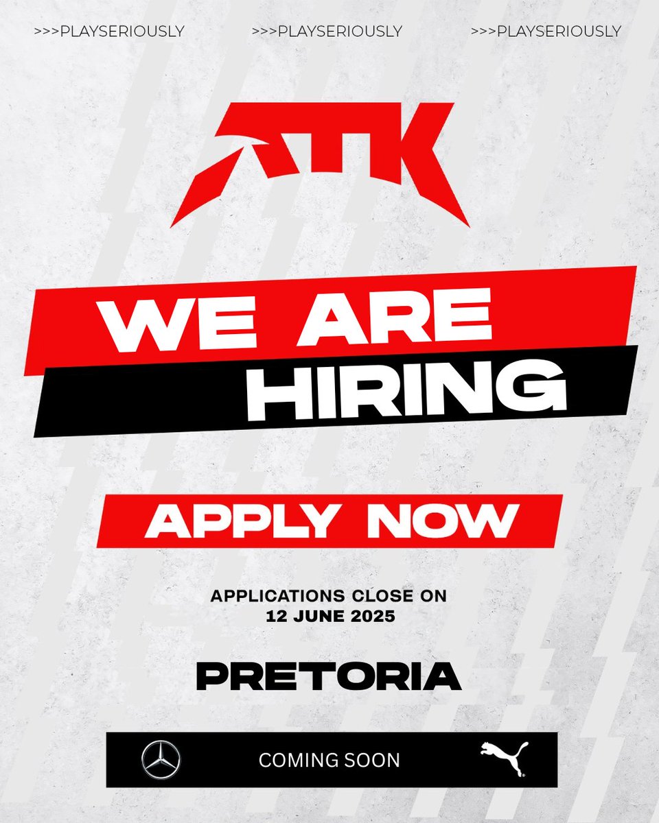 ATK (@atkarena) on Twitter photo Do you have a passion for gaming and live in the Pretoria area? We’re on the lookout for a few key team members.
Venue Manager: shorturl.at/feWEs
Floor Technician: shorturl.at/vopT5
Alternatively, email your CV to info@atkarena.com ✉️
#ATKArena #ATK #PlaySeriously Do you have a passion for gaming and live in the Pretoria area? We’re on the lookout for a few key team members.
Venue Manager: shorturl.at/feWEs
Floor Technician: shorturl.at/vopT5
Alternatively, email your CV to info@atkarena.com ✉️
#ATKArena #ATK #PlaySeriously
