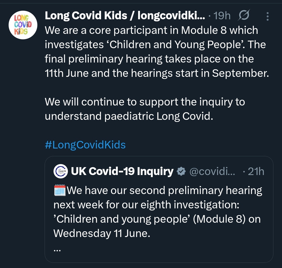 Helen Goss (@helenmmgoss) on Twitter photo <a href="/LongCovidKids/">Long Covid Kids / longcovidkids@bsky.social</a> is fighting for children’s voices to be heard at the <a href="/covidinquiryuk/">UK Covid-19 Inquiry</a> (Mod 8: Children & Young People).
📆 The next hearing is 11 June.
After 5+ years of illness and 4+ years of advocacy, will anybody listen? Will anyone help?
#LongCovidKids #LongCovid <a href="/LongCovidKids/">Long Covid Kids / longcovidkids@bsky.social</a> is fighting for children’s voices to be heard at the <a href="/covidinquiryuk/">UK Covid-19 Inquiry</a> (Mod 8: Children & Young People).
📆 The next hearing is 11 June.
After 5+ years of illness and 4+ years of advocacy, will anybody listen? Will anyone help?
#LongCovidKids #LongCovid
