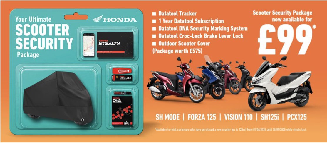 Breaking News!

We’re now giving away a <a href="/datatool/">Datatool</a> Security Pack worth £575 for just £99 on a range of new #Honda Scooters.

Order any of these models and take full advantage of this amazing offer…

Honda Forza 125
Honda PCX125
Honda SH125i
Honda SH125 Mode
Honda NSC110 Vision