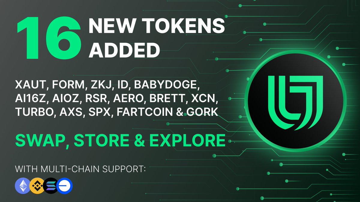 UnitWFoundation's tweet image. 🚀 New Tokens in Unity Wallet!
You asked—we delivered. Say hello to 16 new assets across ETH, BSC, SOL & BASE:
🪙 XAUT, FORM, ZKJ, ID, BabyDoge, AI16Z, AIOZ, RSR, AERO, BRETT, XCN, TURBO, AXS, SPX, FARTCOIN & GORK
🔁 Swap, store, and explore with multi-chain support.