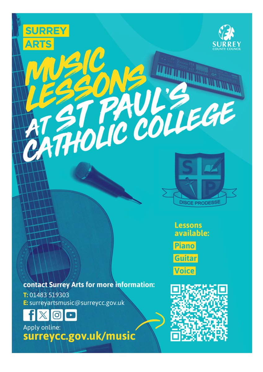 Music lessons at St Paul's Catholic College.  Contact Surrey Arts for more information.  #music #musiclessons #pianolessions #guitarlessons #vocallessons