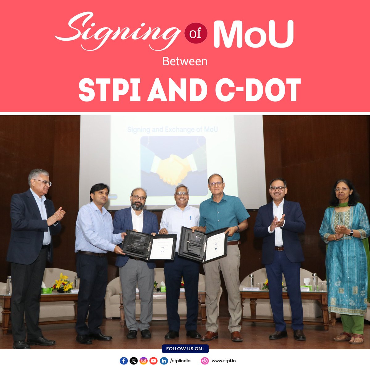 stpiindia's tweet photo. STPI and C-DOT have signed an MoU 📄 to collaborate on potential engagements involving incubation support services for startups and early ventures. The partnership will also cover mentoring, training, industry connect, outreach programs, and capability development to empower startups for market success 💡📈.

The MoU was signed in the esteemed presence of Shri @arvindtw, DG STPI ; Dr. Rajkumar Upadhyay, CEO, C-DOT ; Shri Atul Dhawan, President, TiE Delhi-NCR ; and other dignitaries .

#STPI #CDOT #MoU #StartupIndia #Innovation #Collaboration #DigitalIndia 

@GoI_MeitY @AshwiniVaishnaw @JitinPrasada @SecretaryMEITY @arvindtw @_DigitalIndia @NeGD_GoI @rkupadhyay @dhawan_atul @CDOT_India