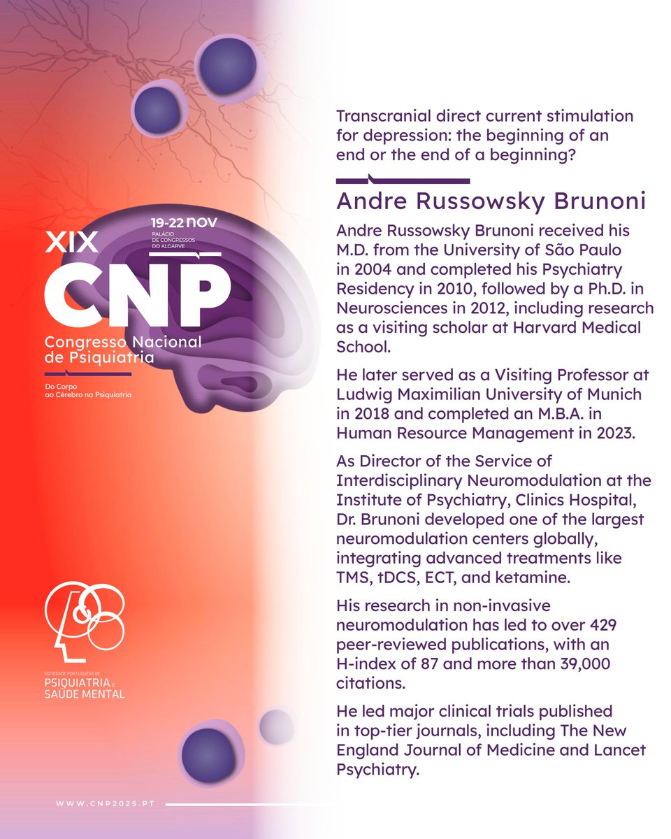 🔔 📆 Vamos recordar as confirmações do #CNP2025? 👀

Dr. Andre Brunoni é um dos palestrantes internacionais que vai estar presente no XIX Congresso Nacional de Psiquiatria.

🔗 Para mais informações sobre o hashtag#CNP2025, consulte o site: sppsm.org