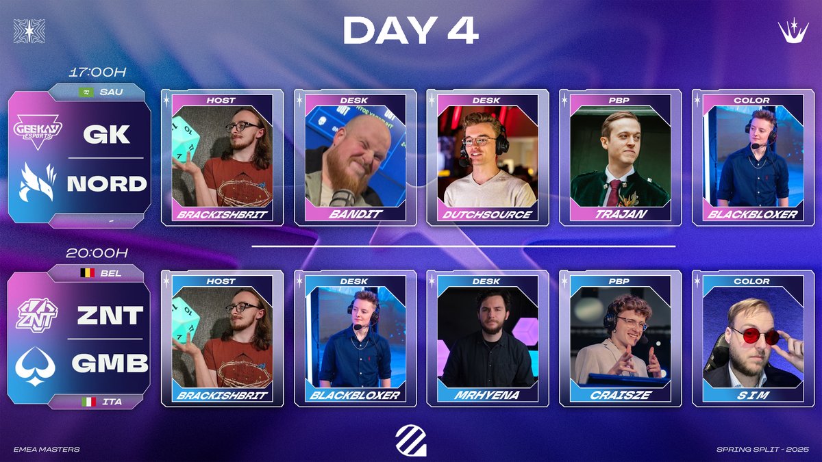 The EUniverse (@the_euniverse) on Twitter photo Talent for Day 4 of #EMEAMasters 2025 Spring:-
- <a href="/BrackishBrit/">BrackishBrit</a>
- <a href="/CasterBandit/">(hus)Bandit</a>
- <a href="/SourceDutch/">DutchSource</a>
- <a href="/CJ_Trajan/">Trajan</a>
- <a href="/BlackBloxer/">BlackBloxer</a>
- <a href="/MrHy3na/">Wojciech ‚MrHyena’ Lutostański</a>
- <a href="/craisze_/">cas!</a>
- <a href="/S_I_M_Casts/">S I M</a>
Producer: <a href="/IcefireideCasts/">Nicholas "Icefireide" Hall</a>
The day of Dutch delights and Group C coverage 💛
Stream: twitch.tv/euniverse_tv Talent for Day 4 of #EMEAMasters 2025 Spring:-
- <a href="/BrackishBrit/">BrackishBrit</a>
- <a href="/CasterBandit/">(hus)Bandit</a>
- <a href="/SourceDutch/">DutchSource</a>
- <a href="/CJ_Trajan/">Trajan</a>
- <a href="/BlackBloxer/">BlackBloxer</a>
- <a href="/MrHy3na/">Wojciech ‚MrHyena’ Lutostański</a>
- <a href="/craisze_/">cas!</a>
- <a href="/S_I_M_Casts/">S I M</a>
Producer: <a href="/IcefireideCasts/">Nicholas "Icefireide" Hall</a>
The day of Dutch delights and Group C coverage 💛
Stream: twitch.tv/euniverse_tv