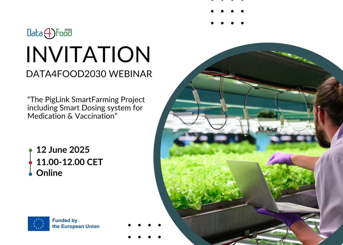 📢 Webinar Alert: Join us for an exclusive webinar on the "PIGLink – from farmers to consumers" case study, a key real-life example within the Data4Food2030 project!
📅 Date: 12 June 2025
⏱️ Time: 11:00 - 12:00 CET
👉 Register now: bit.ly/4kwPr4F

#DataEconomy #HorizonEU