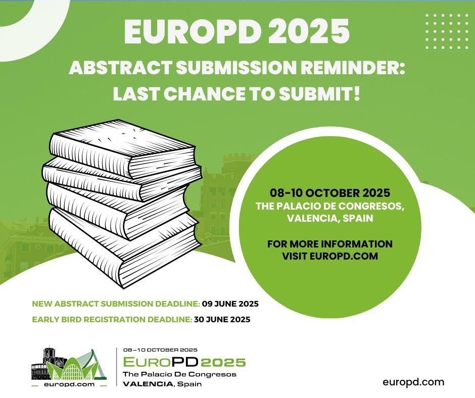 🚨FINAL CALL! Today is your last chance to submit an abstract for EuroPD 2025! The deadline ends, midnight, tonight. Don't miss the opportunity to present your work. Submit here 👉europd.com/abstracts/