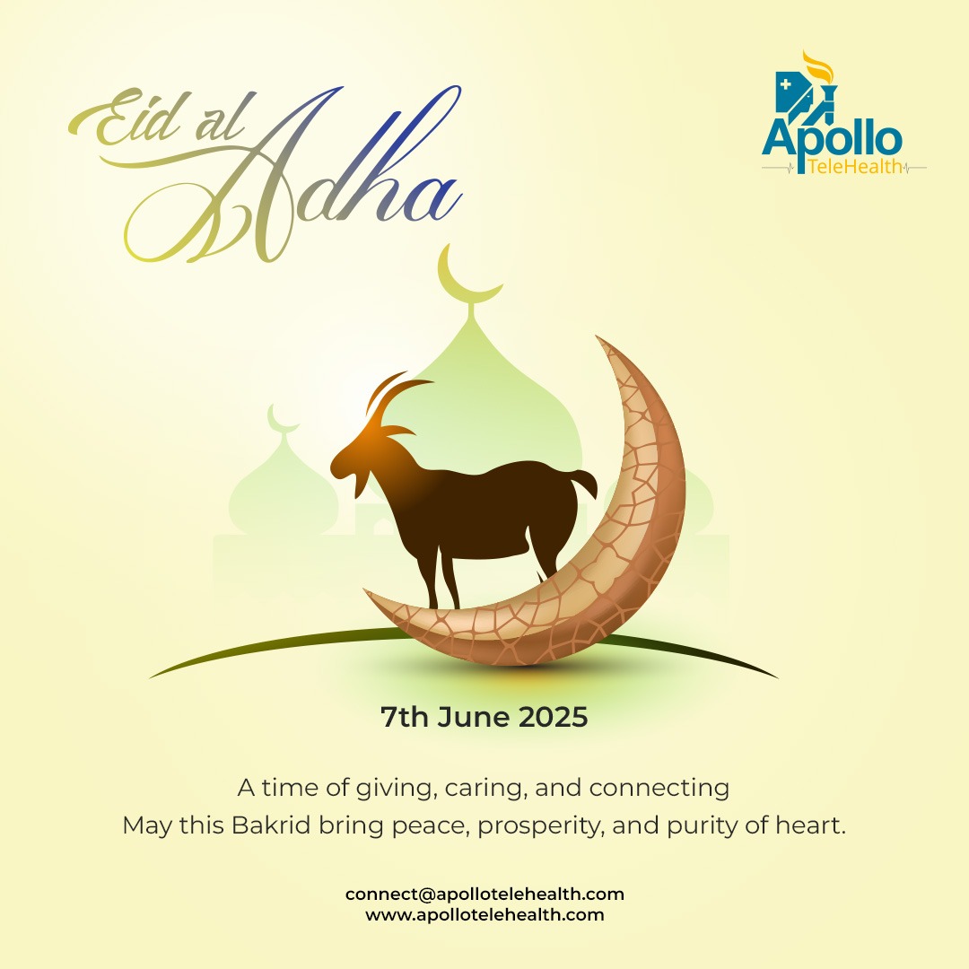 This Eid al-Adha, let’s celebrate the spirit of compassion, connection, and care.
Wishing you a peaceful and prosperous Bakrid.

#EidMubarak #Bakrid2025 #ApolloTeleHealth #telehealth #bakraeid #wishesandblessings