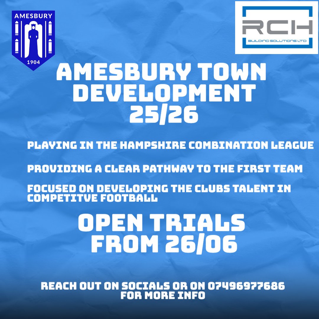 Amesbury Town FC (@amesburyfc) on Twitter photo We are pleased to announce we will have a development side playing in the <a href="/HantsCombLeague/">Hampshire Combination & Development League</a> for the 25/26 season.
If you are looking for your next footballing challenge and a clear pathway to <a href="/WessexLeague/">Velocity Wessex League</a> football then we want to hear from you We are pleased to announce we will have a development side playing in the <a href="/HantsCombLeague/">Hampshire Combination & Development League</a> for the 25/26 season.
If you are looking for your next footballing challenge and a clear pathway to <a href="/WessexLeague/">Velocity Wessex League</a> football then we want to hear from you