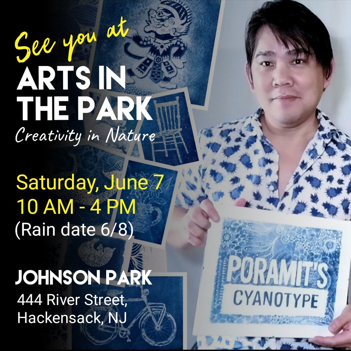 Pixibition's tweet photo. See you at Poramit's #Cyanotype booth at "Arts in the Park: Creativity in Nature" this Saturday June 7, 10AM - 4PM 
📌 Location: Johnson Park, 444 River Street, Hackensack, NJ
🌿 More info at https://t.co/FRSx9Ox5Pl
#artinthepark #artfair #arts #poramit https://t.co/PmDmHAwmx8