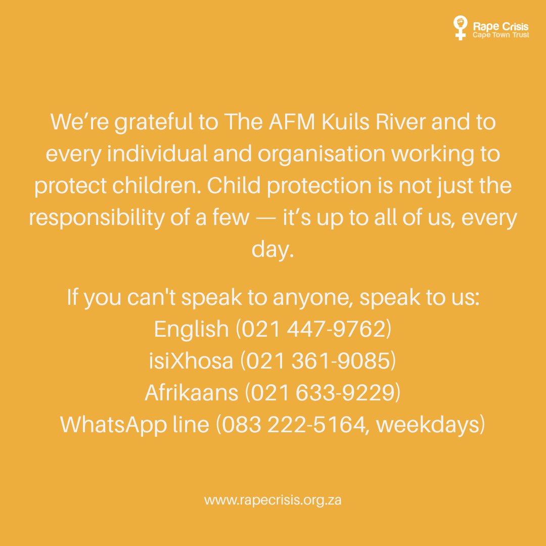 RapeCrisis's tweet image. Together with social workers, SAPS FCS units, prosecutors, teachers and NGOs, we honoured those working to protect children and shared information on how to support survivors of sexual violence.

#ChildProtectionWeek2025 #EndChildAbuse #SupportSurvivors