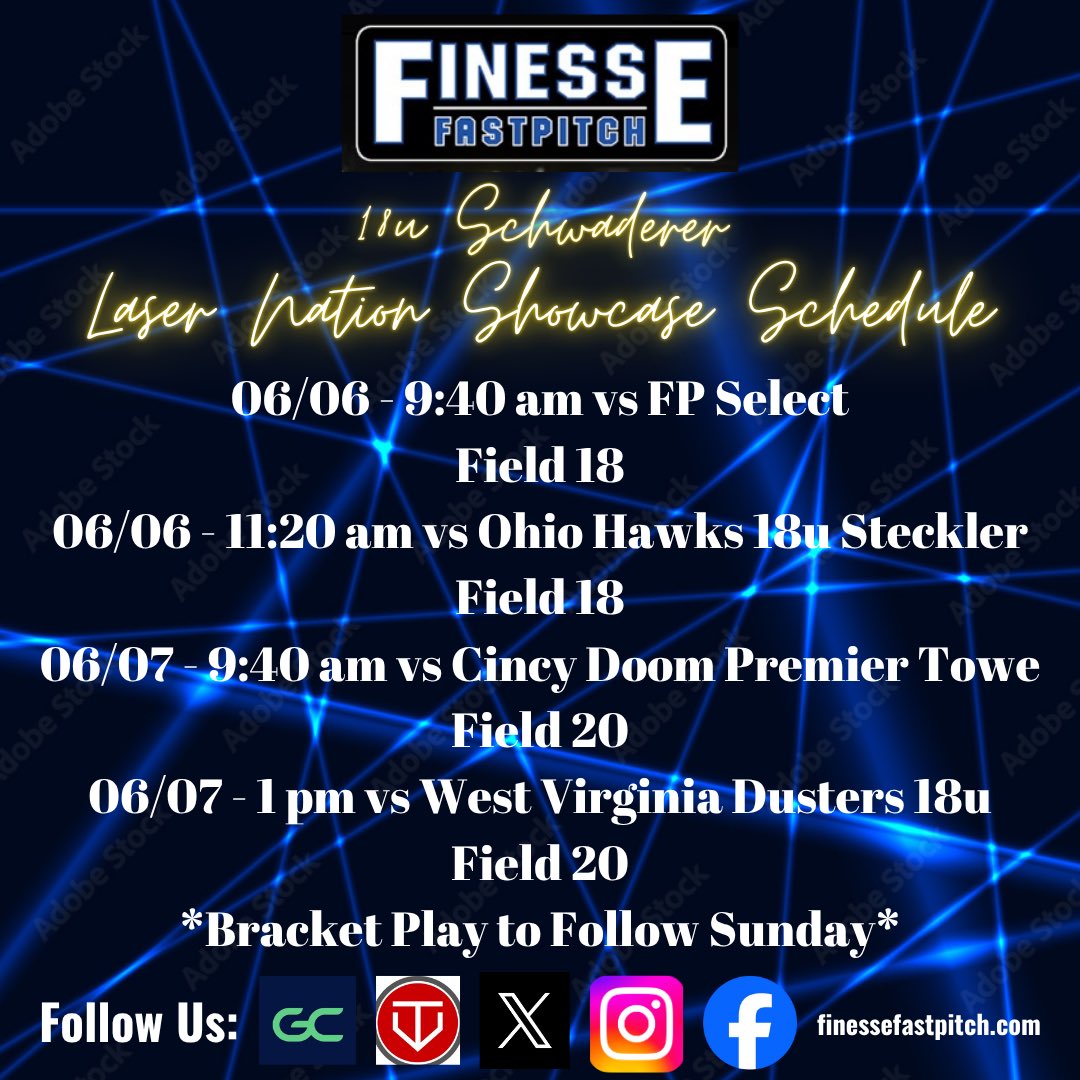 Whitni Enis (@whitni_enis2026) on Twitter photo Ready to compete at the <a href="/LaserShowcase/">Laser Nation Showcase</a> this weekend in Columbus, OH. Schedule ⬇️
Check us out on Game Changer- Finesse 18U Schwaderer or see you at the park
#uncommitted2026 <a href="/FinesseSchwader/">Finesse Schwaderer</a>
<a href="/FinesseOrg/">Finesse Fastpitch</a> <a href="/USASoftball/">USA Softball</a> <a href="/thealliancefp/">The Alliance Fastpitch</a> <a href="/AGLSoftball/">AthletesGoLive Softball</a> <a href="/AthletesGoLive/">AthletesGoLive</a> <a href="/SBRRetweets/">Softball Recruiting Reposts</a> Ready to compete at the <a href="/LaserShowcase/">Laser Nation Showcase</a> this weekend in Columbus, OH. Schedule ⬇️
Check us out on Game Changer- Finesse 18U Schwaderer or see you at the park
#uncommitted2026 <a href="/FinesseSchwader/">Finesse Schwaderer</a>
<a href="/FinesseOrg/">Finesse Fastpitch</a> <a href="/USASoftball/">USA Softball</a> <a href="/thealliancefp/">The Alliance Fastpitch</a> <a href="/AGLSoftball/">AthletesGoLive Softball</a> <a href="/AthletesGoLive/">AthletesGoLive</a> <a href="/SBRRetweets/">Softball Recruiting Reposts</a>