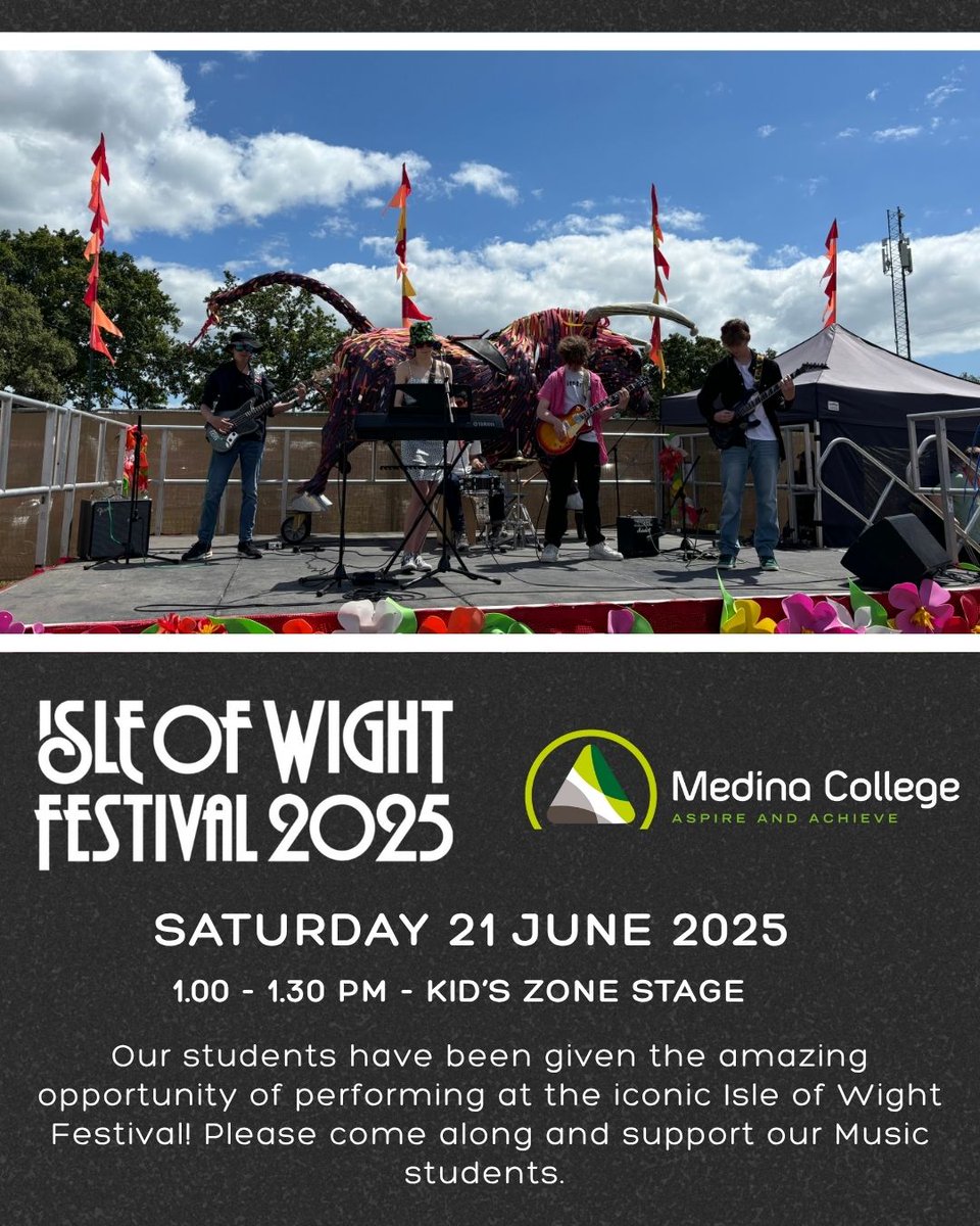 If you are attending this year's Isle of Wight Festival, please head to the Kid's Zone Stage at 1.00 pm on Saturday 21 June to support our Music students! 
This is a fantastic opportunity for our students to experience performing on a professional stage 🤩🎤🎸🎶 We can't wait!