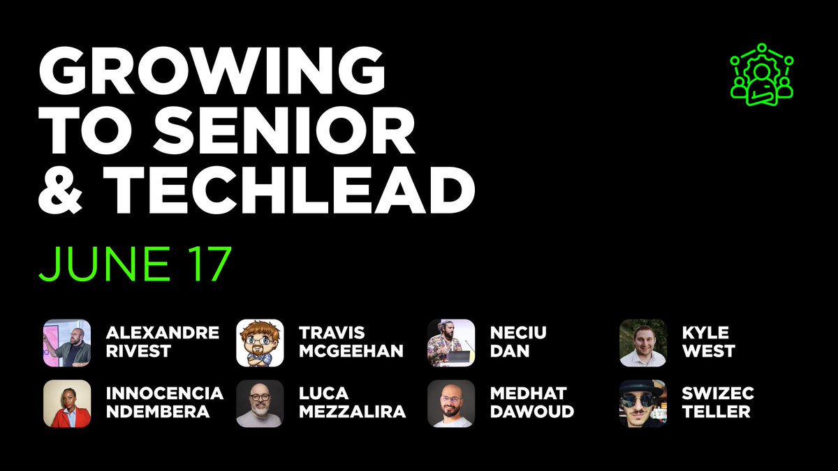 🚀“Growing to Senior &amp; Tech Lead” – an exciting topic up for discussion at React Summit!

🎫An online ticket is required to attend: reactsummit.com/?utm_source=tw…

👤Speakers: Alexandre Rivest, <a href="/Tikevin83/">TiKevin83</a>, <a href="/neciudan/">Neciu Dan</a>, <a href="/KyleWestCS/">Kyle West (moved to 🦋)</a>, <a href="/QUEEN_SheCoder/">Innocencia Ndembera</a>, <a href="/lucamezzalira/">Luca Mezzalira</a>, <a href="/Med7atDawoud/">Medhat Dawoud</a>, <a href="/Swizec/">Swizec Teller</a>