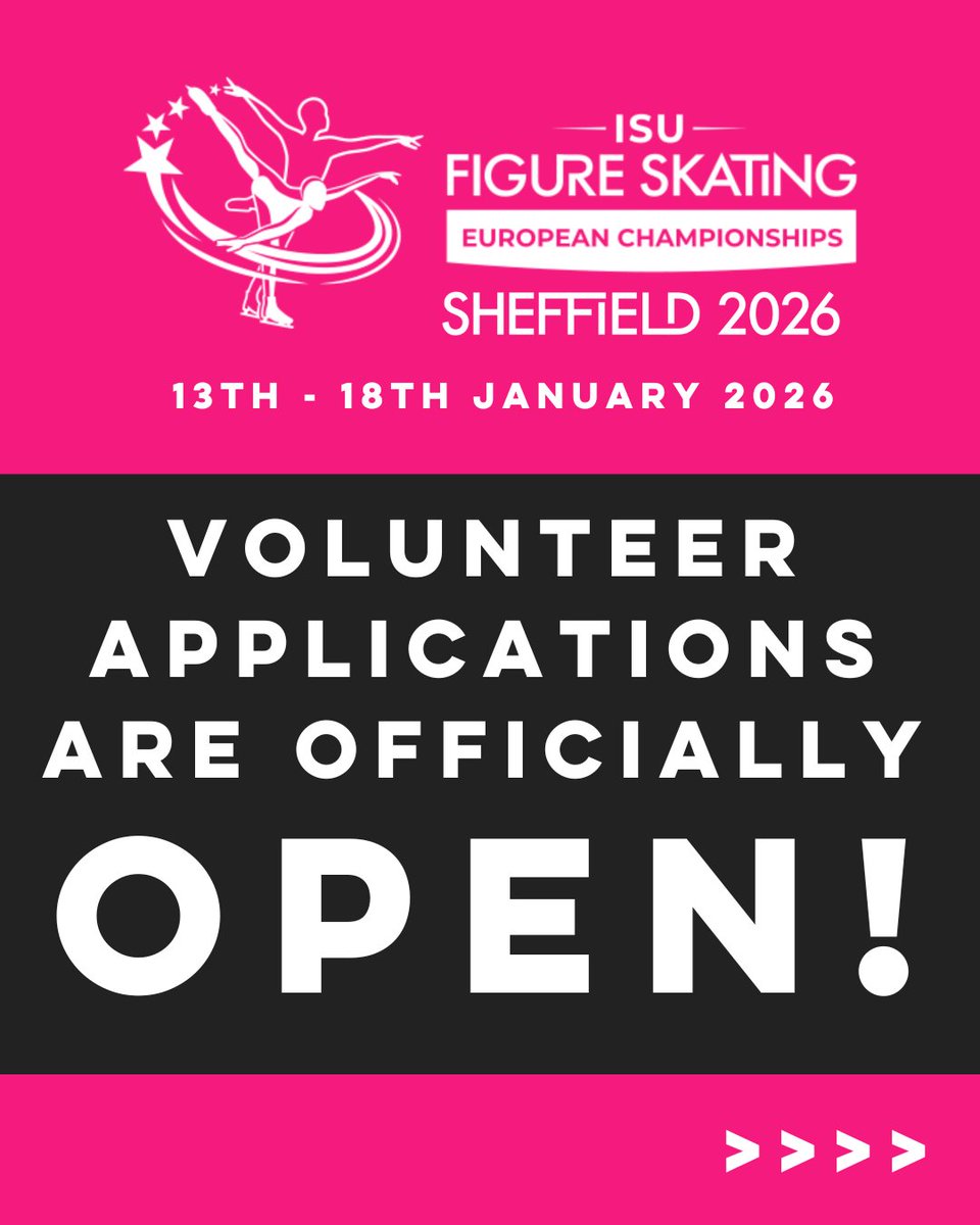 Volunteer roles for the ISU European Figure Skating Championships 2026 are officially OPEN!

➡️ Head to the Europeans 2026 website for more information and how to apply: europeans2026.com/opportunities-…

#FigureSkating #EuroFigure #EuroSheffield2026