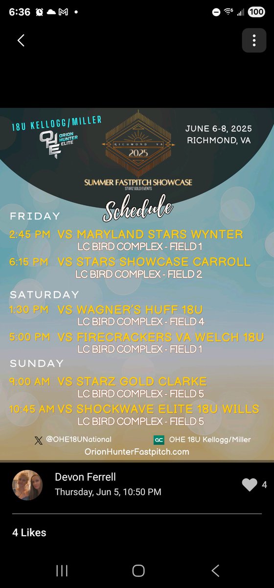Sophia Grant (@6tater) on Twitter photo 💥UPDATED schedule for the <a href="/StarzGold/">StarzGold</a> Summer Showcase!1st tourney of the season is this weekend in Richmond. 👀 you there! #6 <a href="/UNCWsoftball/">UNCW Softball</a> <a href="/ecu__softball/">East Carolina Softball</a> <a href="/RUSoftball/">Rutgers Softball</a> <a href="/MaggieMrowka/">Maggie Mrowka</a> <a href="/BlueHoseSB/">PCSB</a> <a href="/CNUSoftball/">CNU Softball- 2022 National Champions</a> <a href="/Kazdynn/">Kazdyn Waldron</a> <a href="/ElonSoftball/">Elon Softball</a> <a href="/lynchburg_sb/">Lynchburg Softball</a> <a href="/e_newellcoach/">Eric Newell</a> <a href="/ElliottSaysWhat/">Brandon Elliott</a> 💥UPDATED schedule for the <a href="/StarzGold/">StarzGold</a> Summer Showcase!1st tourney of the season is this weekend in Richmond. 👀 you there! #6 <a href="/UNCWsoftball/">UNCW Softball</a> <a href="/ecu__softball/">East Carolina Softball</a> <a href="/RUSoftball/">Rutgers Softball</a> <a href="/MaggieMrowka/">Maggie Mrowka</a> <a href="/BlueHoseSB/">PCSB</a> <a href="/CNUSoftball/">CNU Softball- 2022 National Champions</a> <a href="/Kazdynn/">Kazdyn Waldron</a> <a href="/ElonSoftball/">Elon Softball</a> <a href="/lynchburg_sb/">Lynchburg Softball</a> <a href="/e_newellcoach/">Eric Newell</a> <a href="/ElliottSaysWhat/">Brandon Elliott</a>