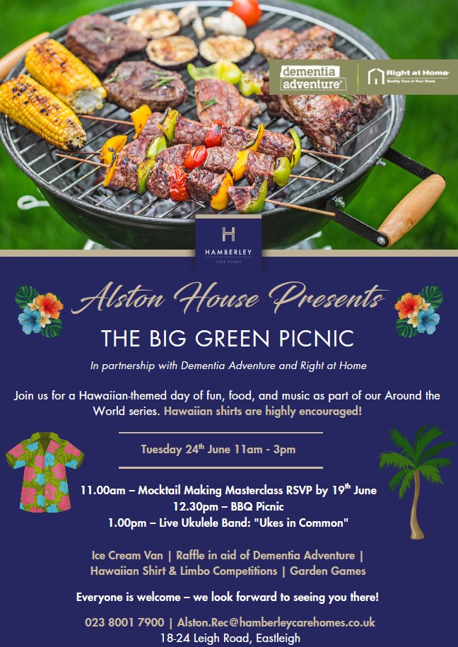 Alston House Care Home, together with Right at Home UK invite you to their Big Green Picnic in aid of Dementia Adventure!
24th of June - 11am-3pm
Alston House Care Home
RSVP - alston-rec@hamberleycarehomes.co.uk
visiteastleigh.co.uk/events/big-gre…