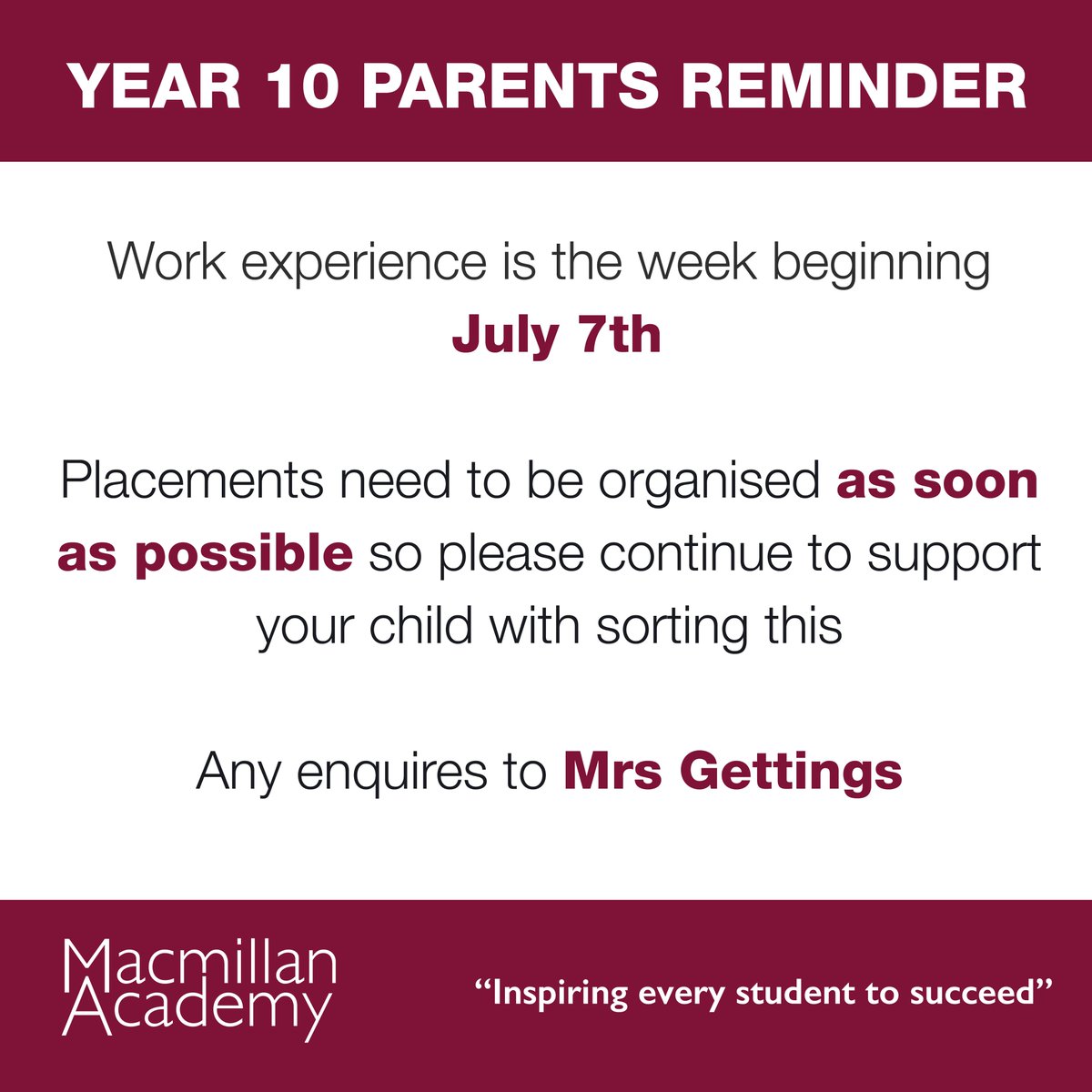 Work Experience Week starts 7th July.
Placements need to be organised as soon as possible, so please continue to support your child in securing theirs.
If you have any questions or need help, please contact Mrs Gettings.
Let’s help our students make the most of this opportunity.